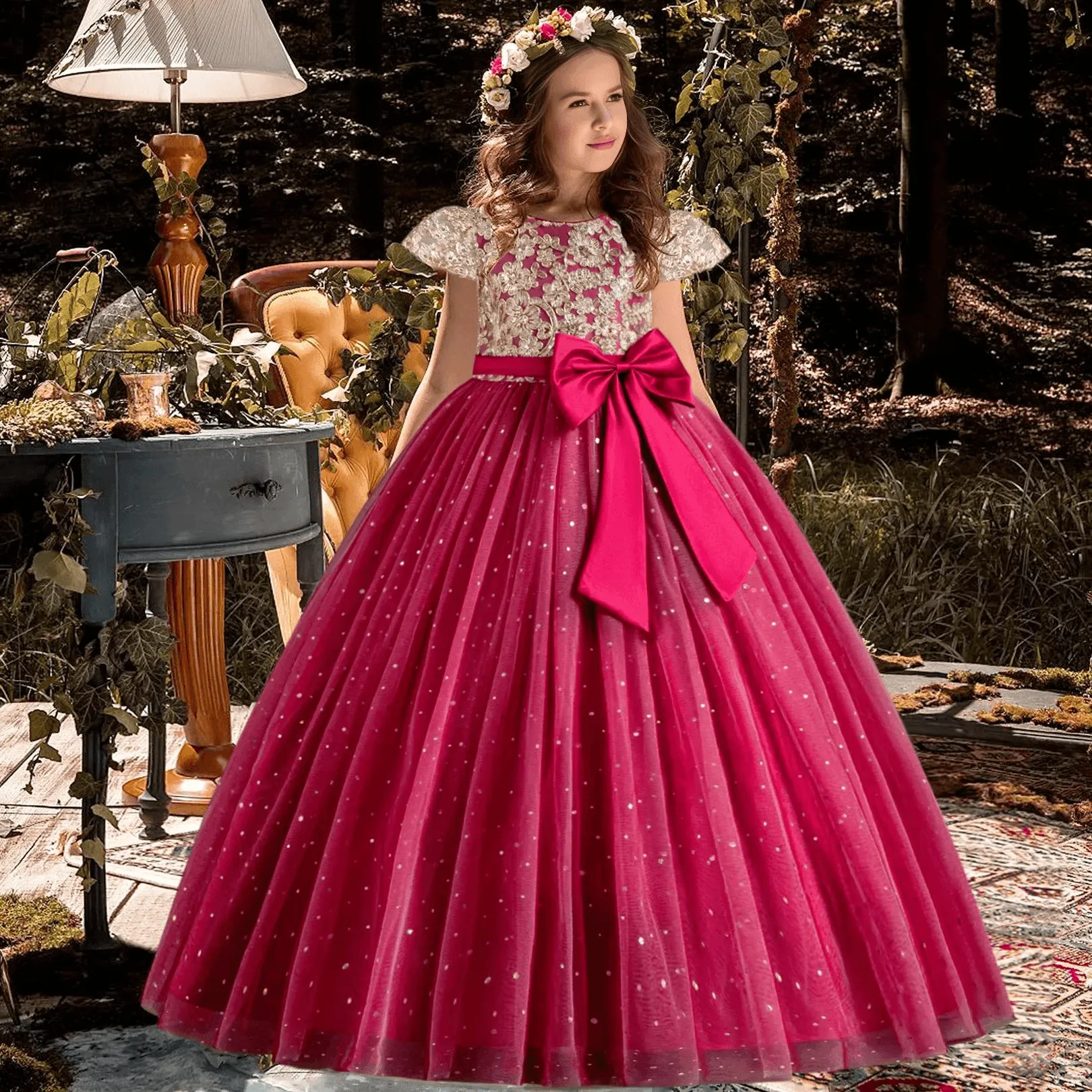 Girls Princess Bridesmaid Dress Kids Long Ball Gowns Children Wedding Birthday Party Bow Lace Dresses Christmas