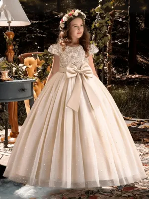 Girls Princess Bridesmaid Dress Kids Long Ball Gowns Children Wedding Birthday Party Bow Lace Dresses Christmas