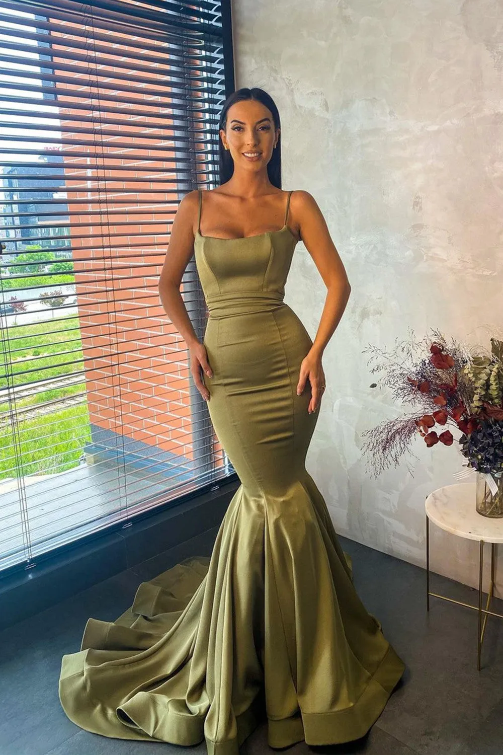 Glamorous Long Mermaid Spaghetti Straps Satin Prom Dress