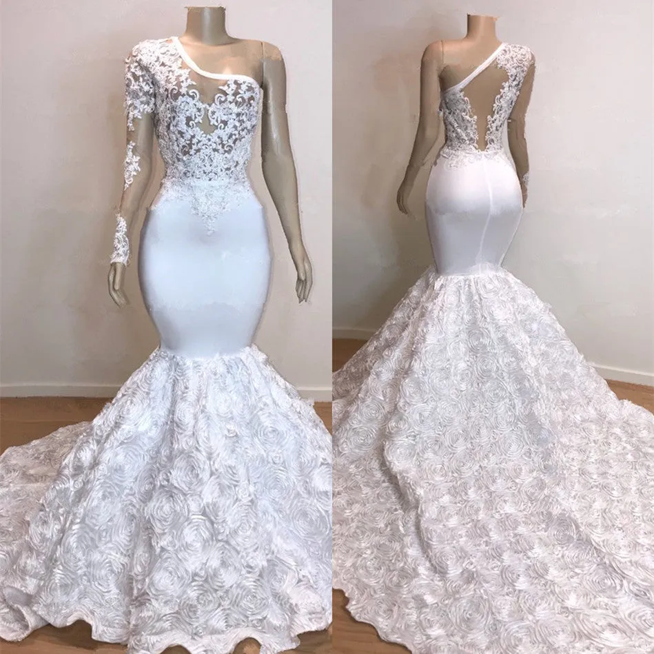 Glamorous One Shoulder Long Sleeve White Prom Dress