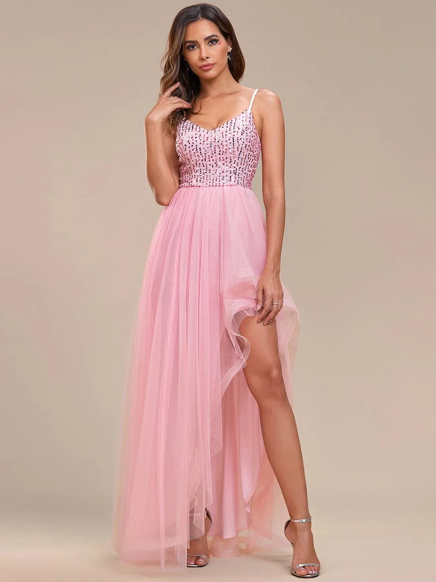 Glamorous Sleeveless Sequin High Low Evening Dress