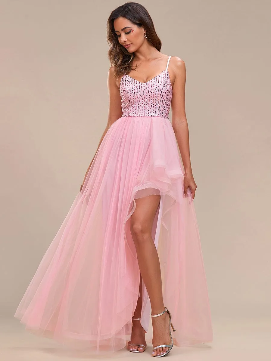 Glamorous Sleeveless Sequin High Low Evening Dress