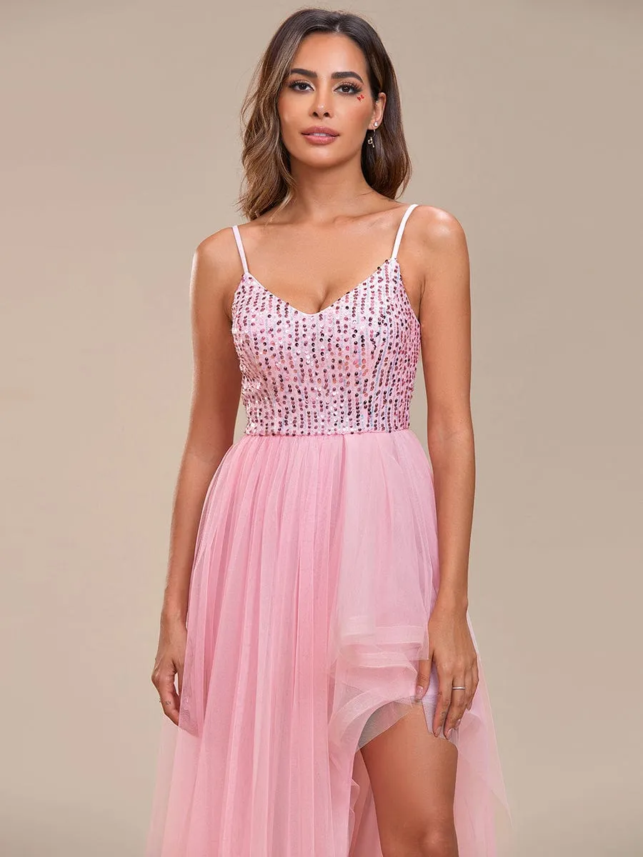 Glamorous Sleeveless Sequin High Low Evening Dress