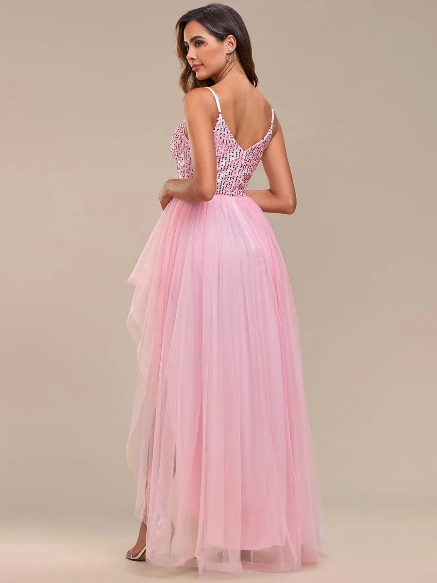 Glamorous Sleeveless Sequin High Low Evening Dress