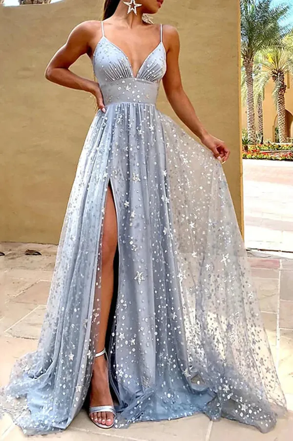 Glittering Blue A-line V Neck Long Prom Dresses With Slit, Evening Dresses, SP839