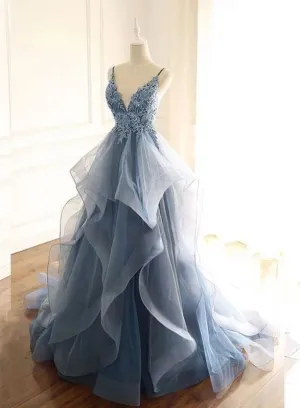 Gorgeous Spaghetti Straps Navy Prom Dress V Neck Ruffles Party Dress