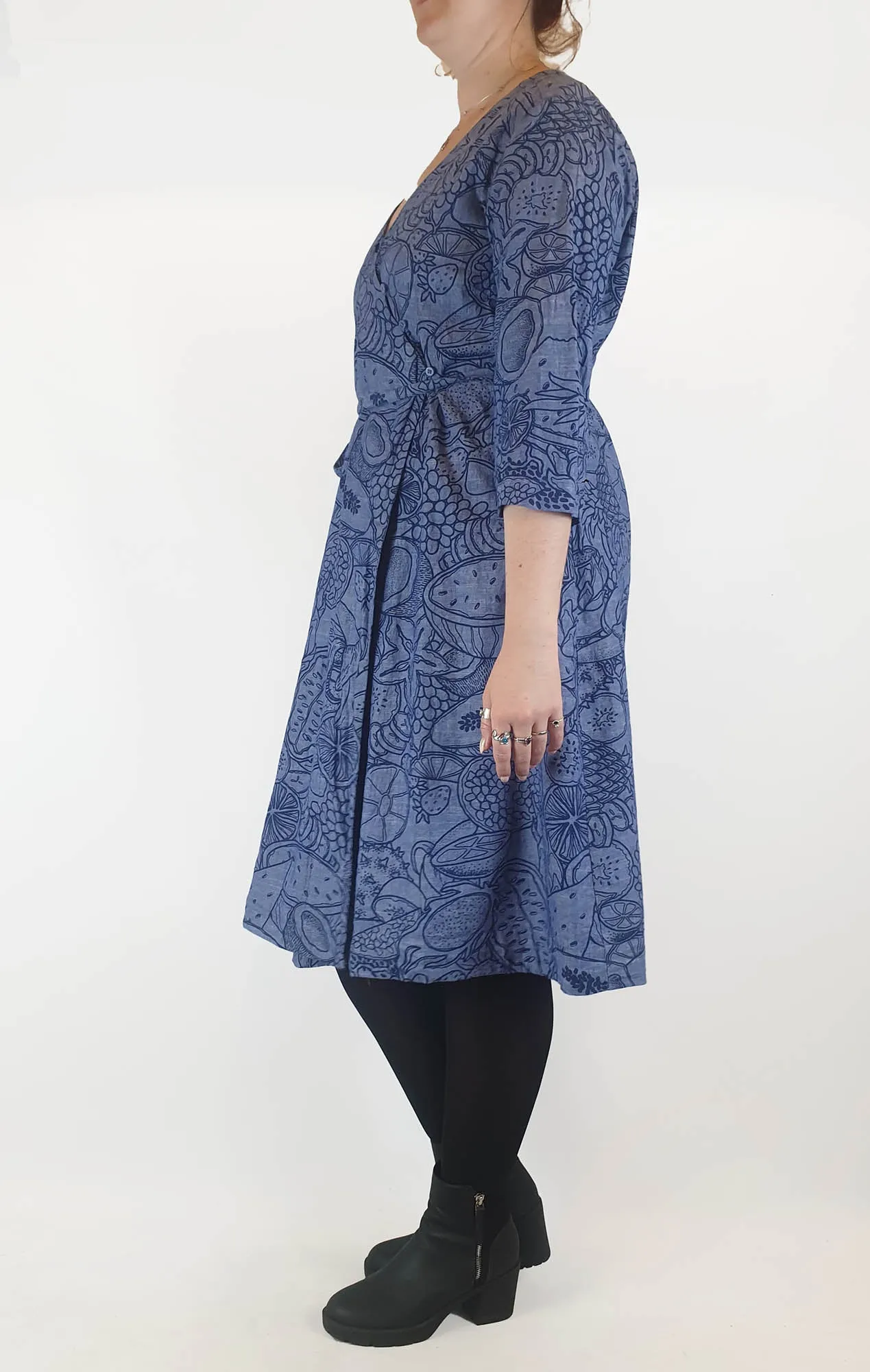 Gorman blue long sleeve dress with subtle fruit print size 12
