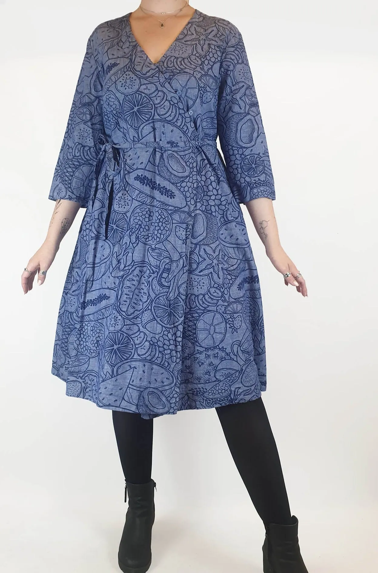 Gorman blue long sleeve dress with subtle fruit print size 12