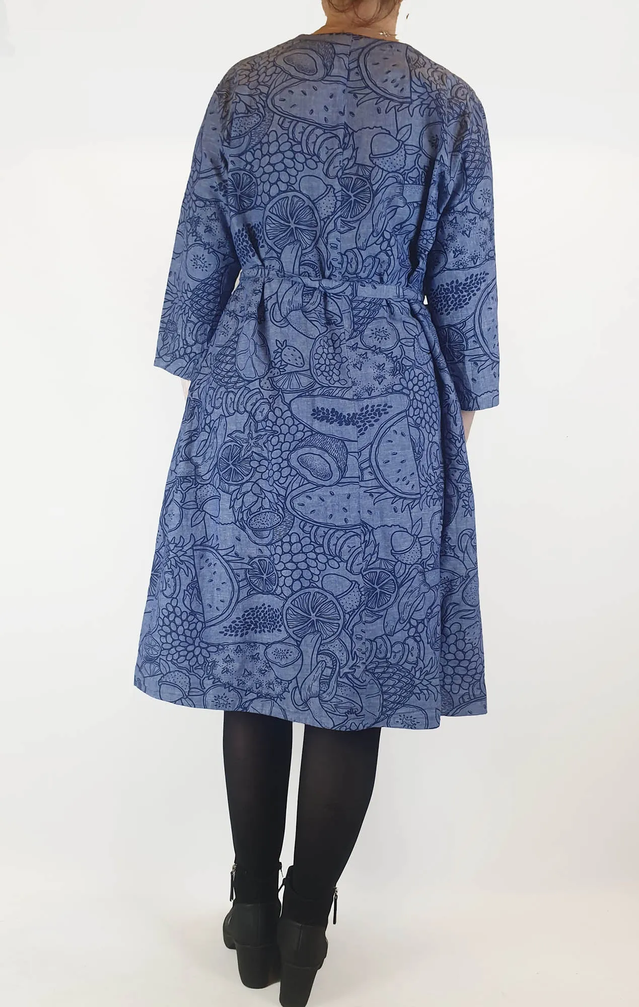 Gorman blue long sleeve dress with subtle fruit print size 12