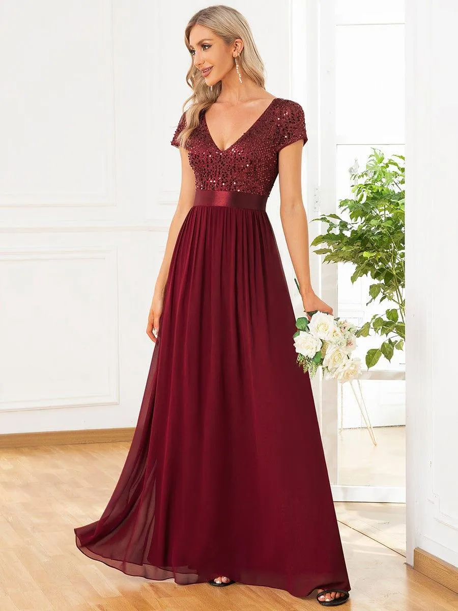 Greta | Empire Waist V-Neck Cap Sleeve Chiffon Formal Evening Dress