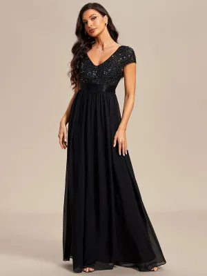 Greta | Empire Waist V-Neck Cap Sleeve Chiffon Formal Evening Dress