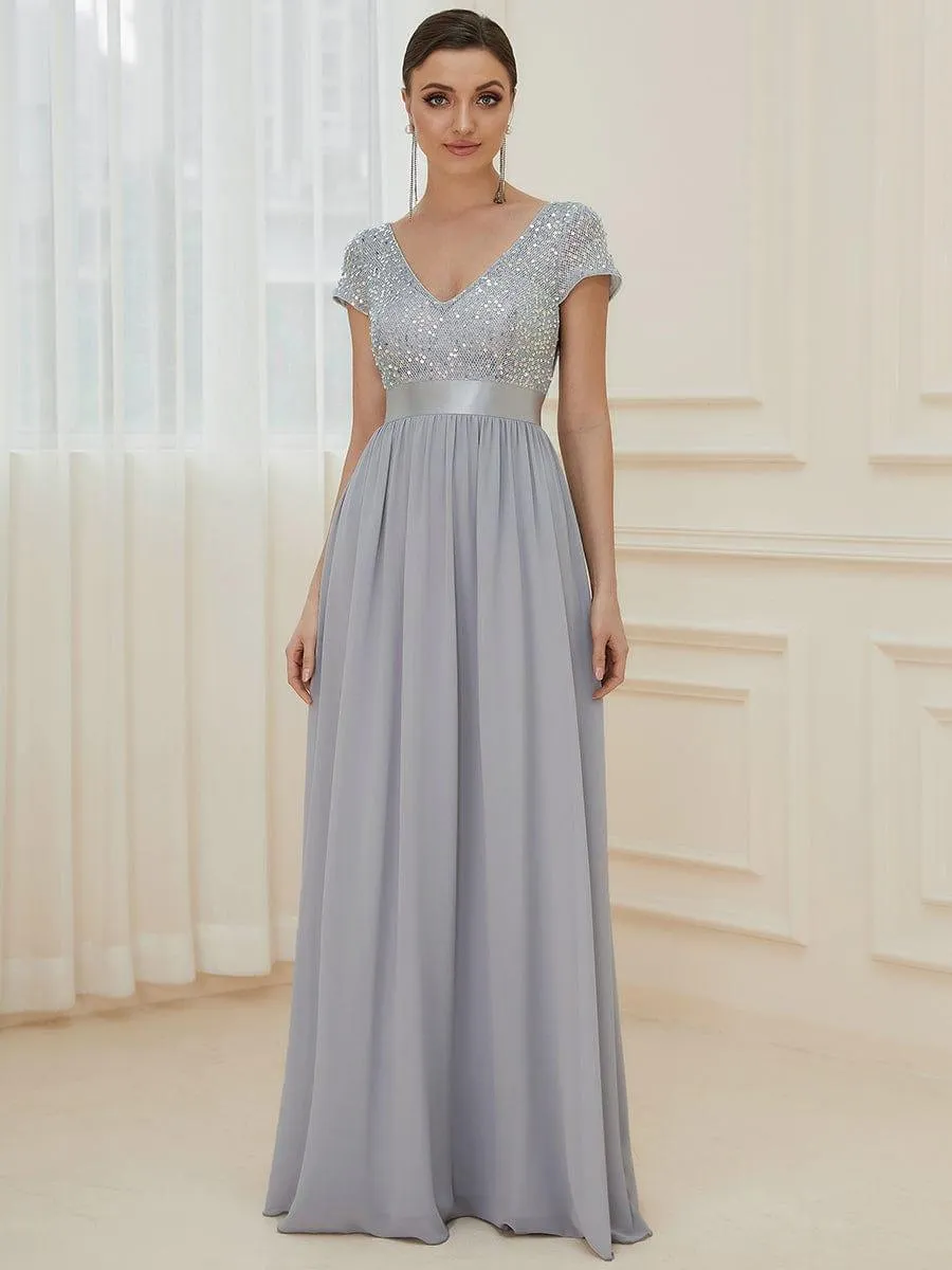 Greta | Empire Waist V-Neck Cap Sleeve Chiffon Formal Evening Dress