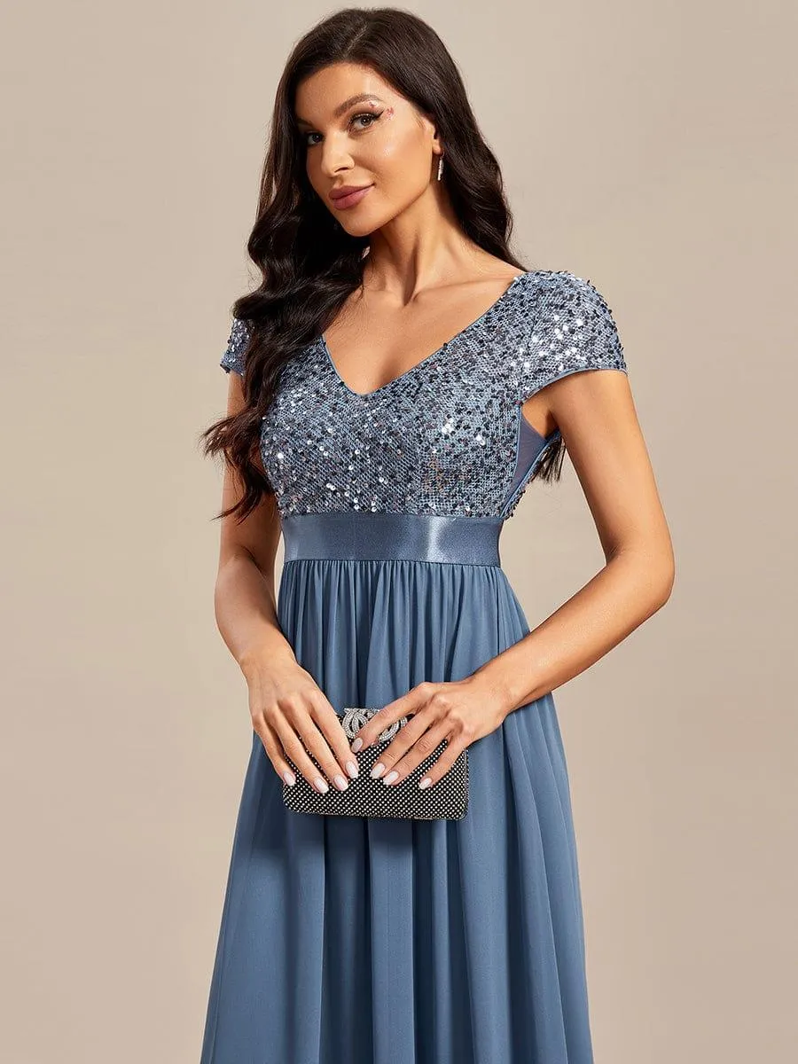 Greta | Empire Waist V-Neck Cap Sleeve Chiffon Formal Evening Dress