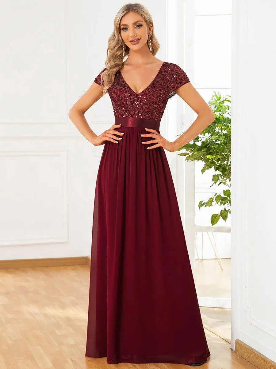 Greta | Empire Waist V-Neck Cap Sleeve Chiffon Formal Evening Dress
