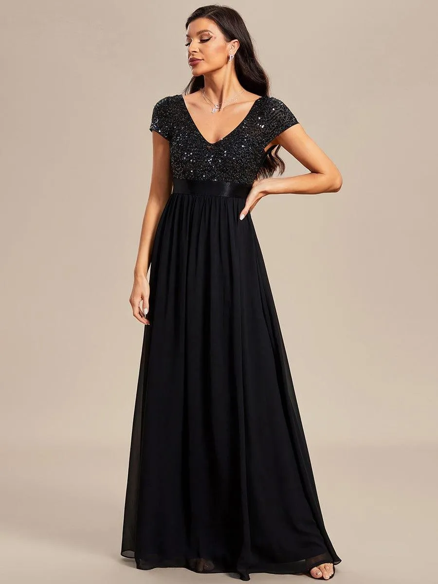 Greta | Empire Waist V-Neck Cap Sleeve Chiffon Formal Evening Dress