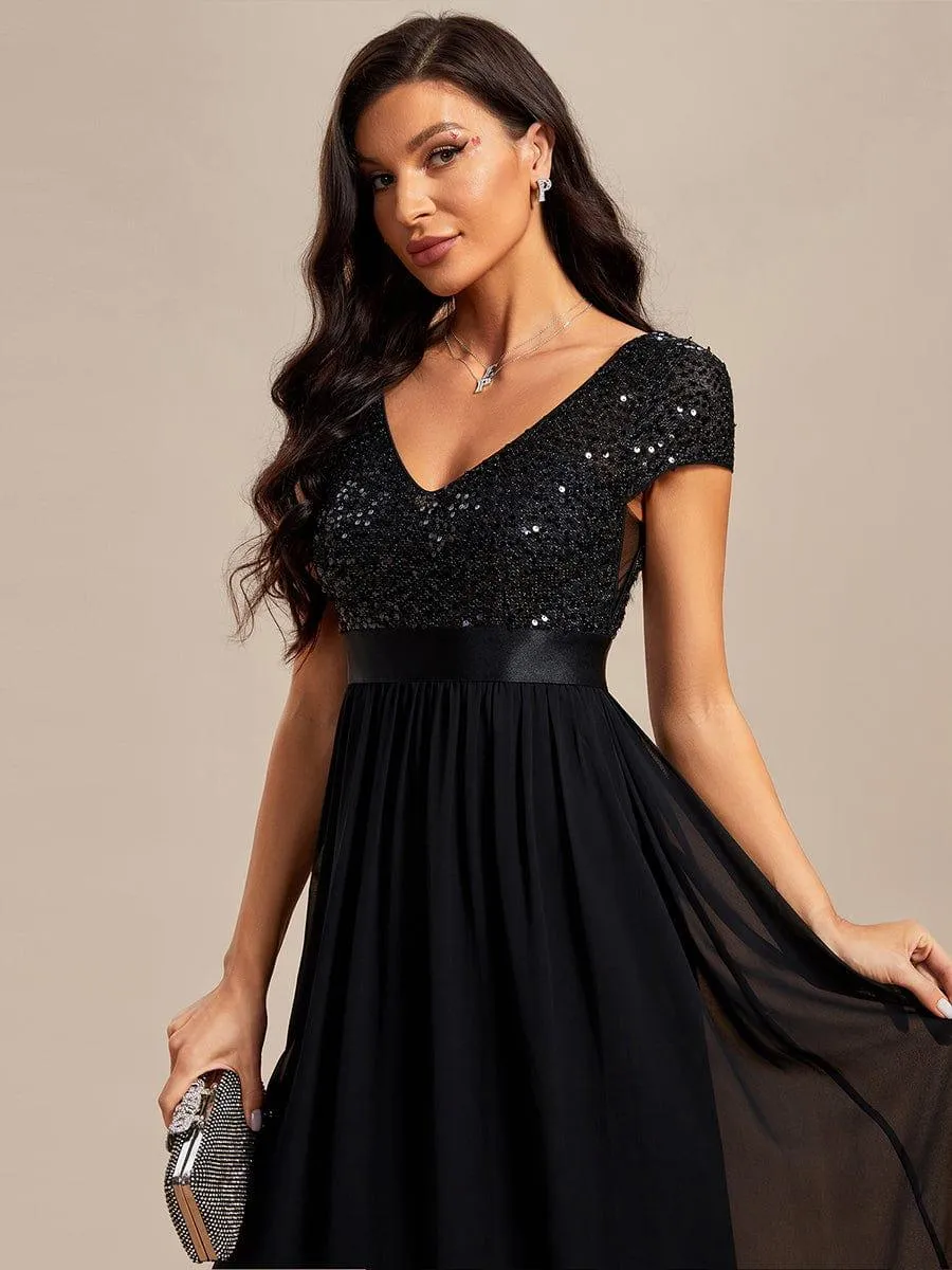 Greta | Empire Waist V-Neck Cap Sleeve Chiffon Formal Evening Dress