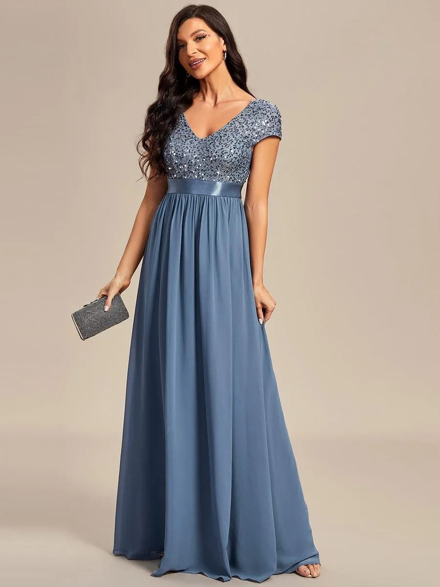 Greta | Empire Waist V-Neck Cap Sleeve Chiffon Formal Evening Dress