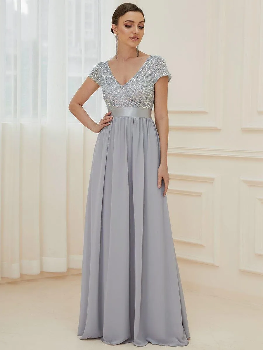 Greta | Empire Waist V-Neck Cap Sleeve Chiffon Formal Evening Dress