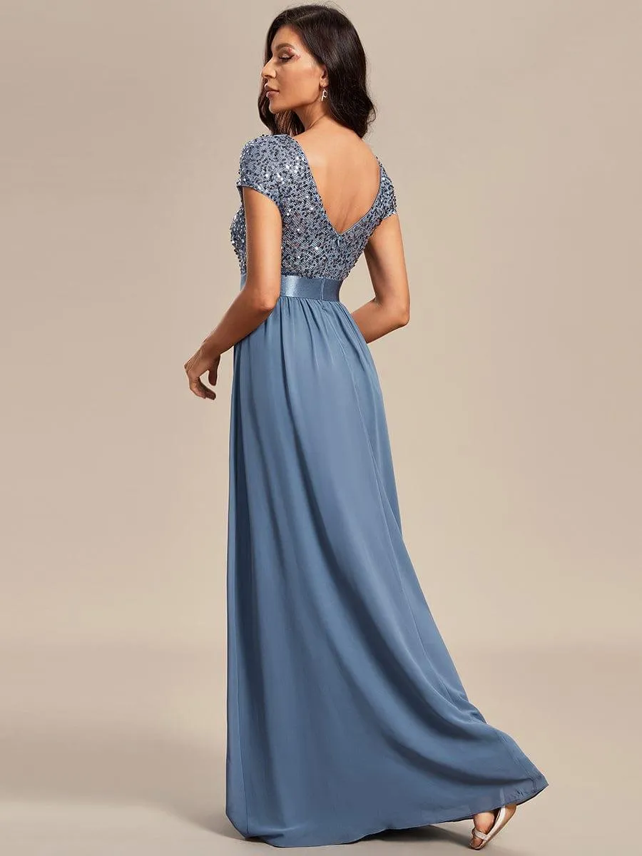 Greta | Empire Waist V-Neck Cap Sleeve Chiffon Formal Evening Dress
