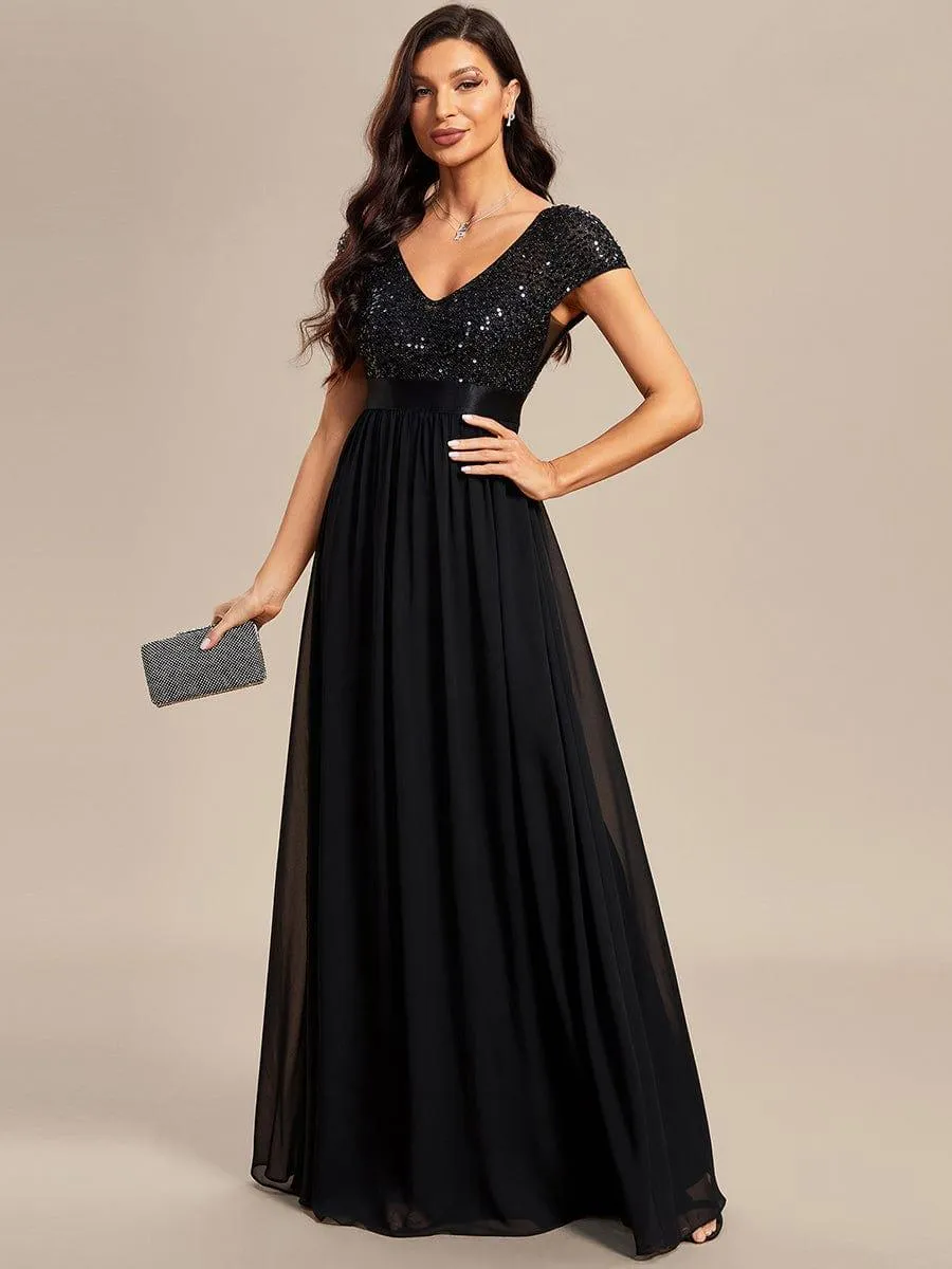Greta | Empire Waist V-Neck Cap Sleeve Chiffon Formal Evening Dress
