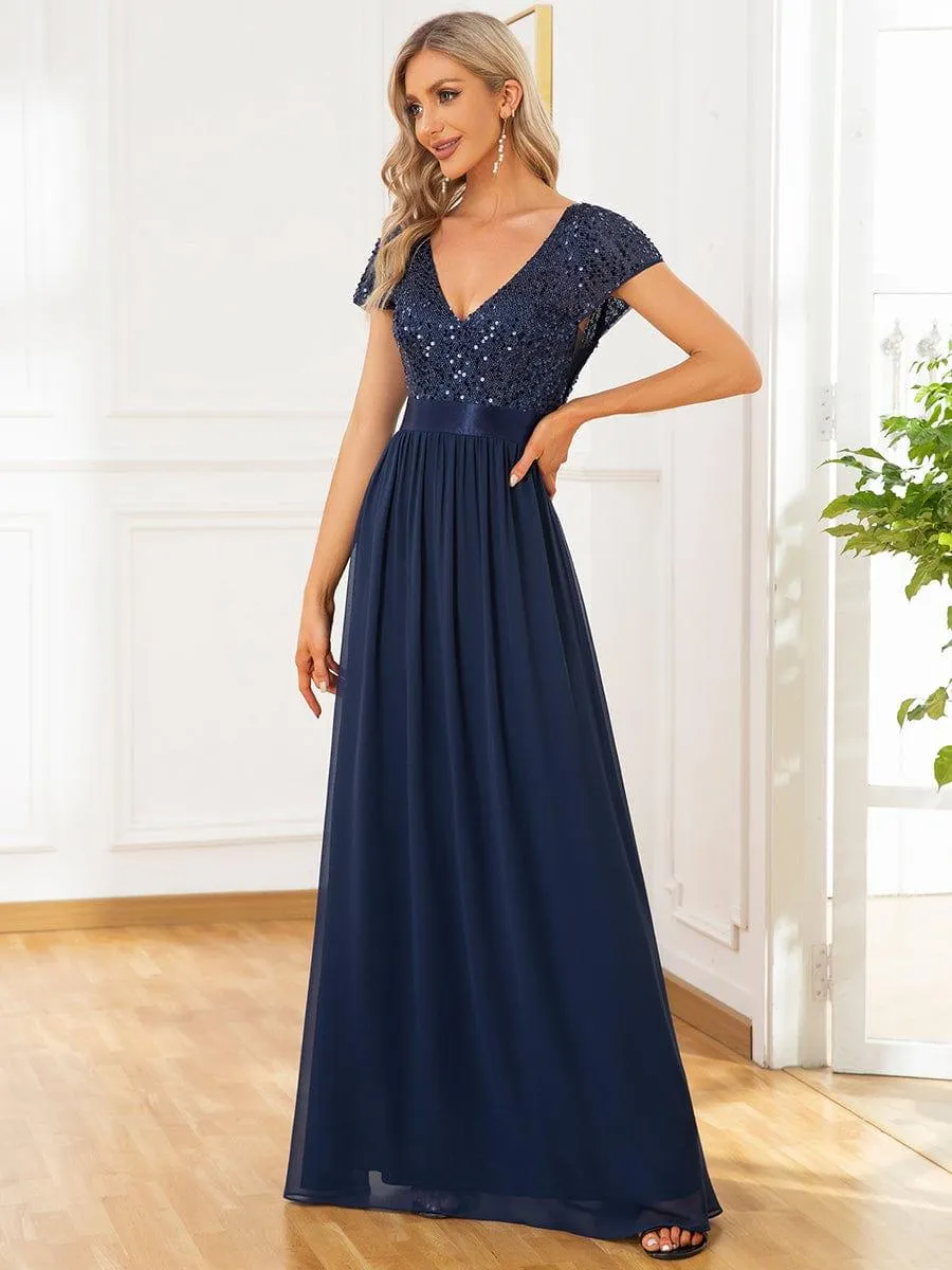 Greta | Empire Waist V-Neck Cap Sleeve Chiffon Formal Evening Dress