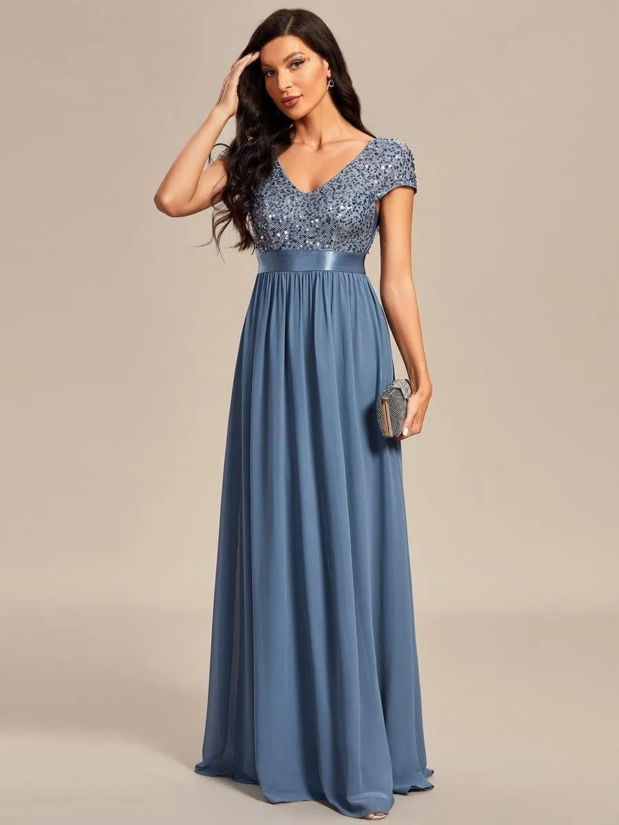 Greta | Empire Waist V-Neck Cap Sleeve Chiffon Formal Evening Dress