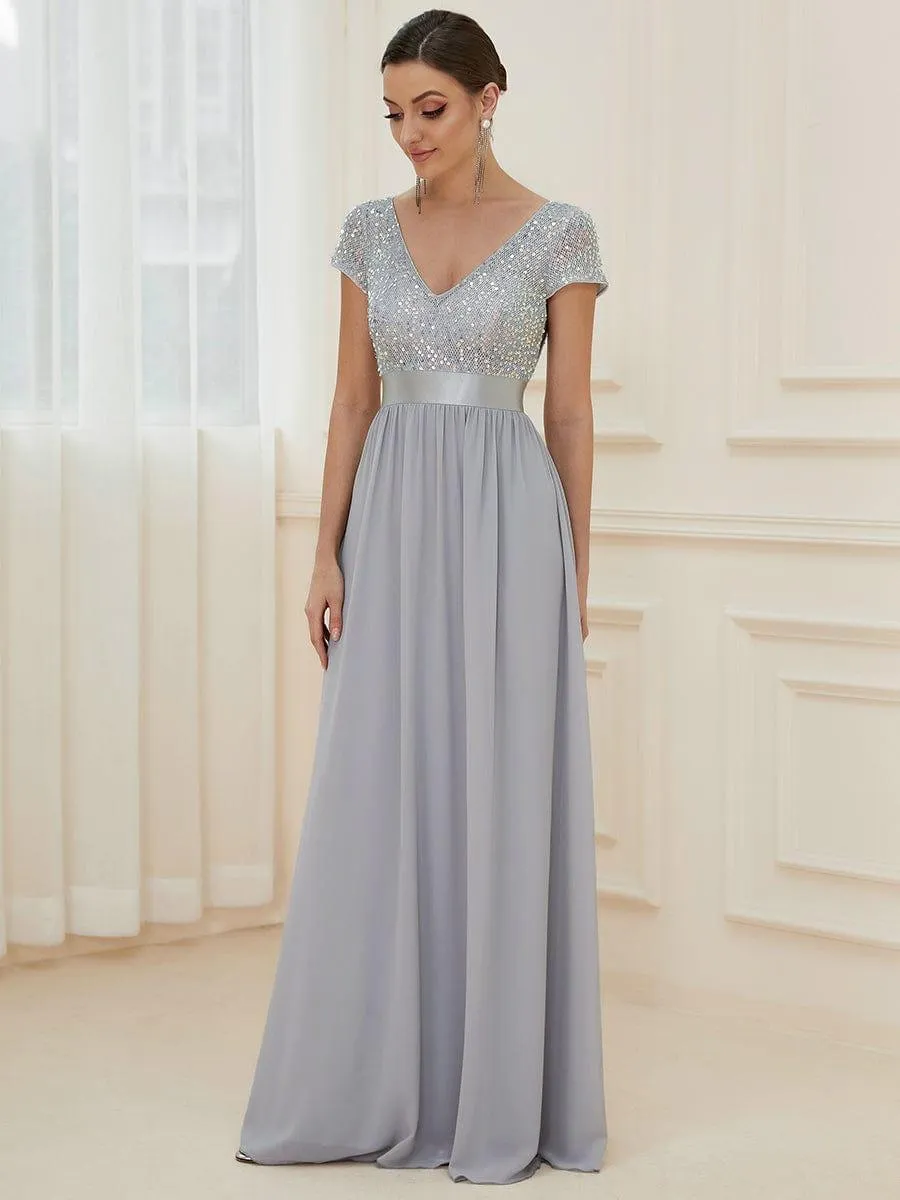 Greta | Empire Waist V-Neck Cap Sleeve Chiffon Formal Evening Dress