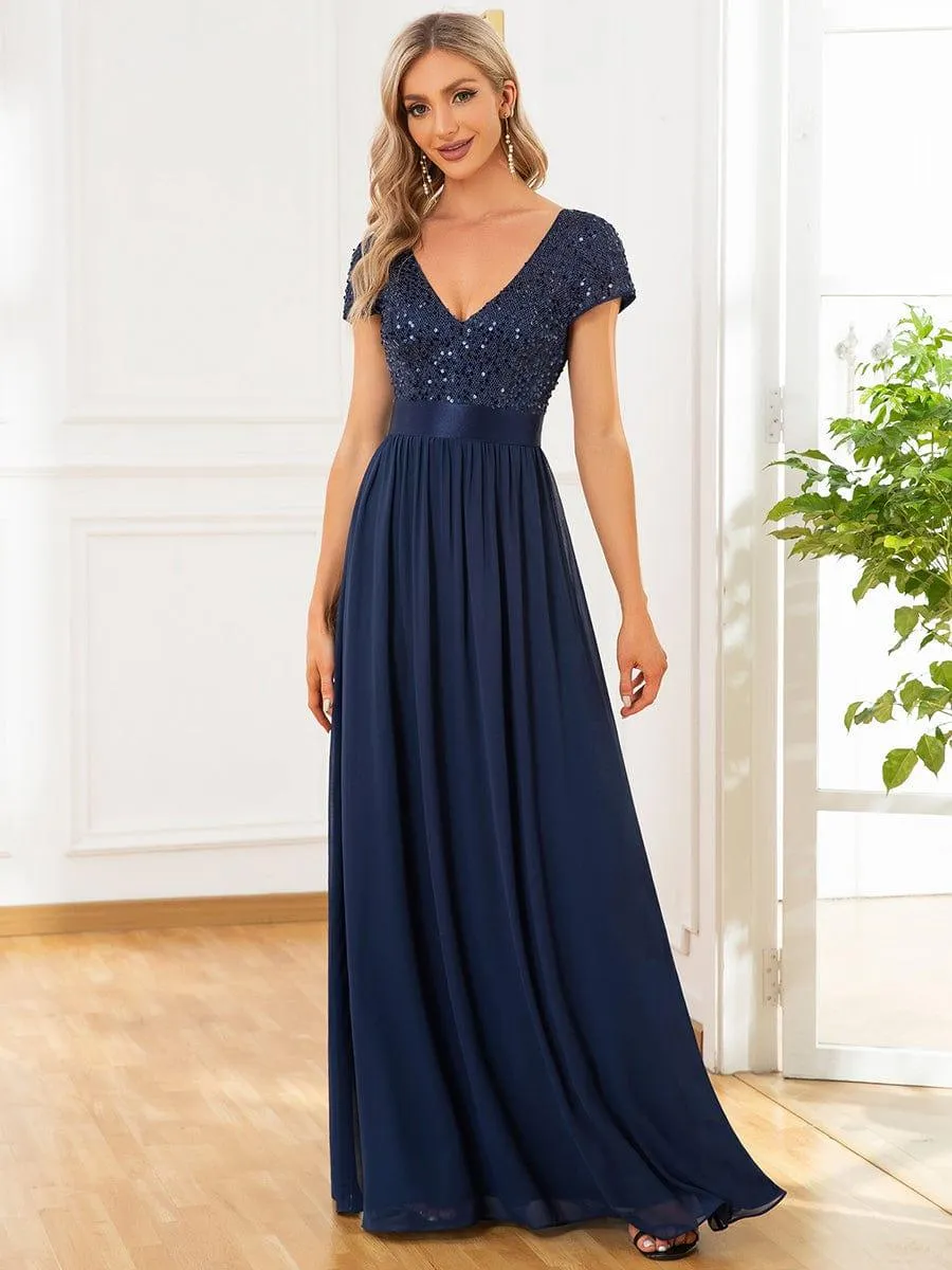Greta | Empire Waist V-Neck Cap Sleeve Chiffon Formal Evening Dress