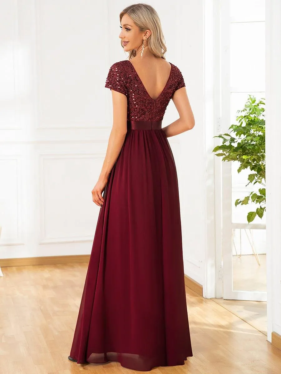 Greta | Empire Waist V-Neck Cap Sleeve Chiffon Formal Evening Dress