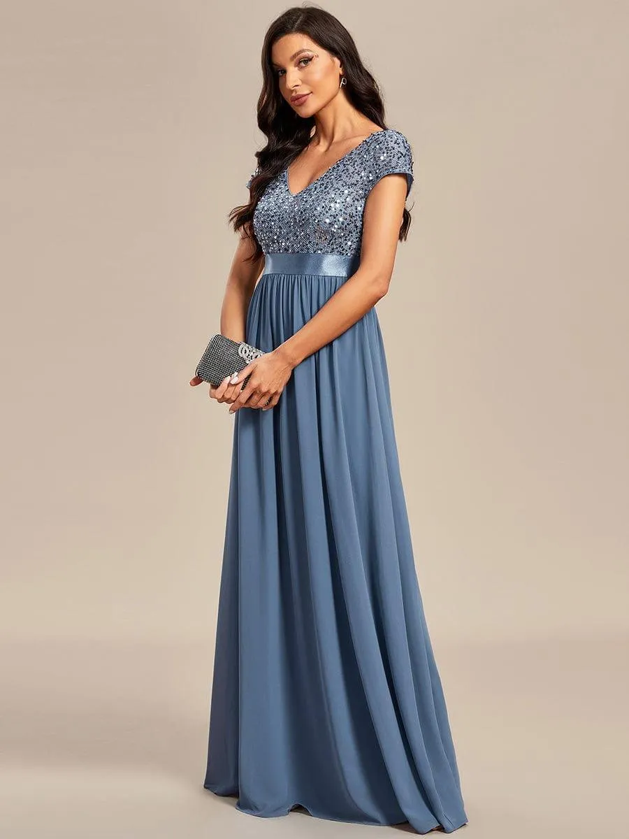 Greta | Empire Waist V-Neck Cap Sleeve Chiffon Formal Evening Dress