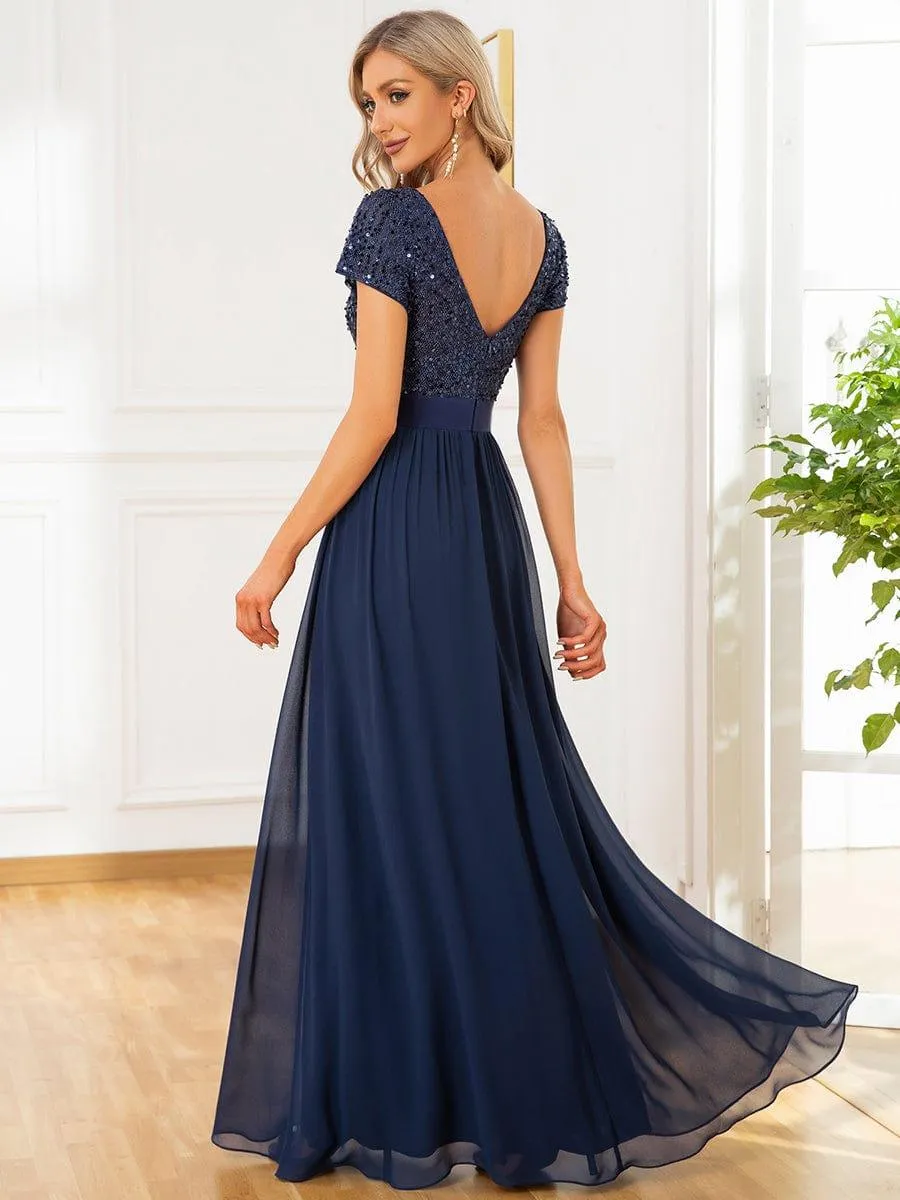 Greta | Empire Waist V-Neck Cap Sleeve Chiffon Formal Evening Dress