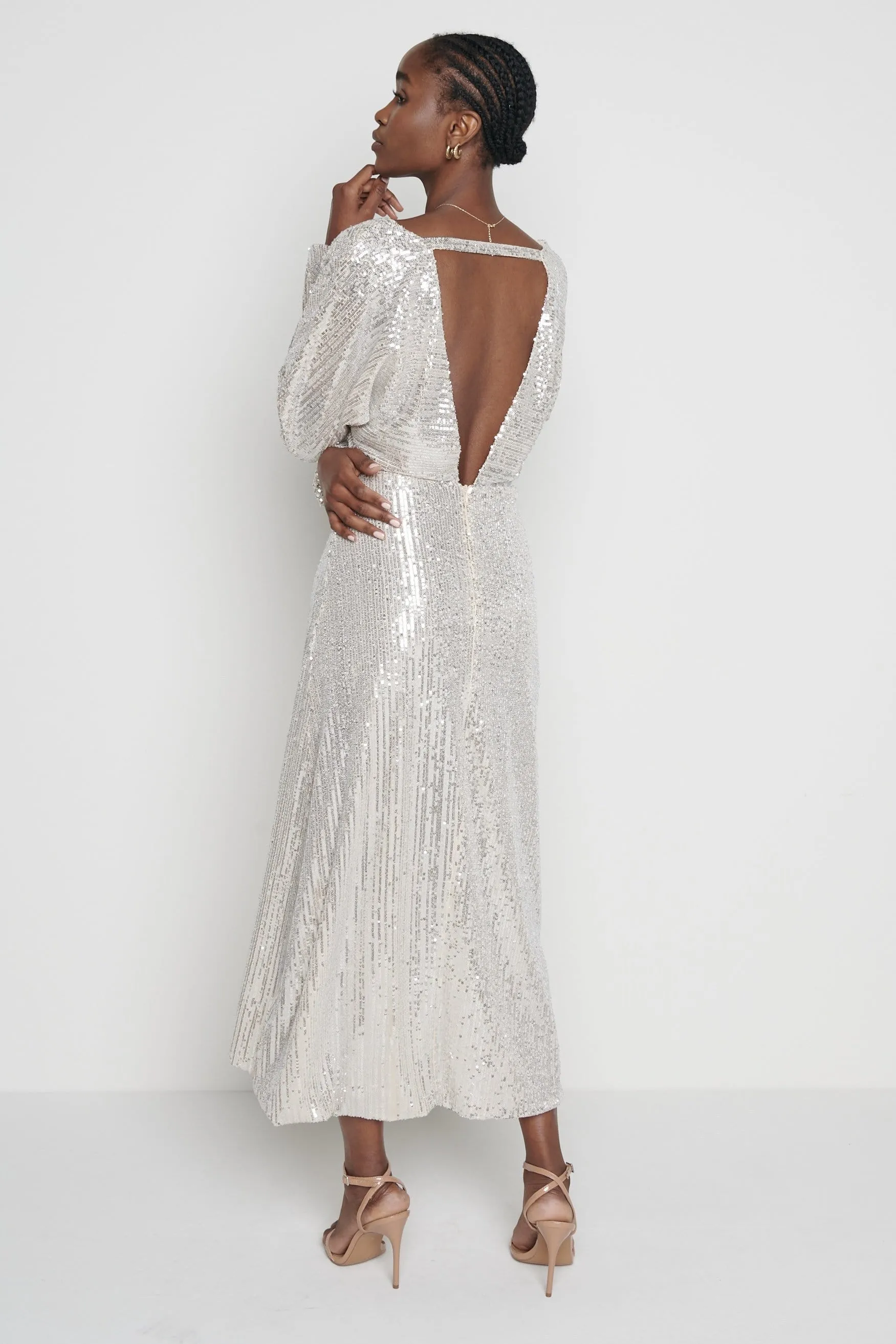 Irina V-Neck Sequin Midaxi Dress - Silver