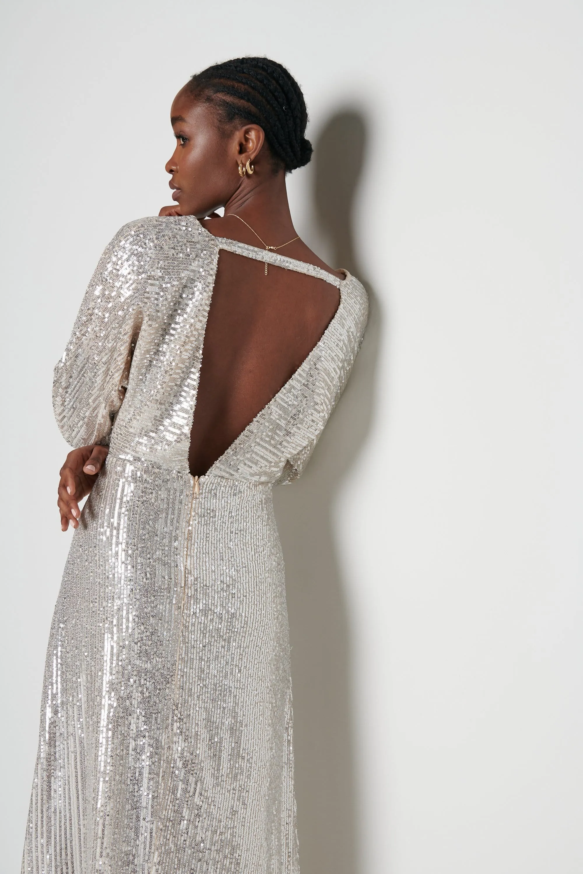 Irina V-Neck Sequin Midaxi Dress - Silver