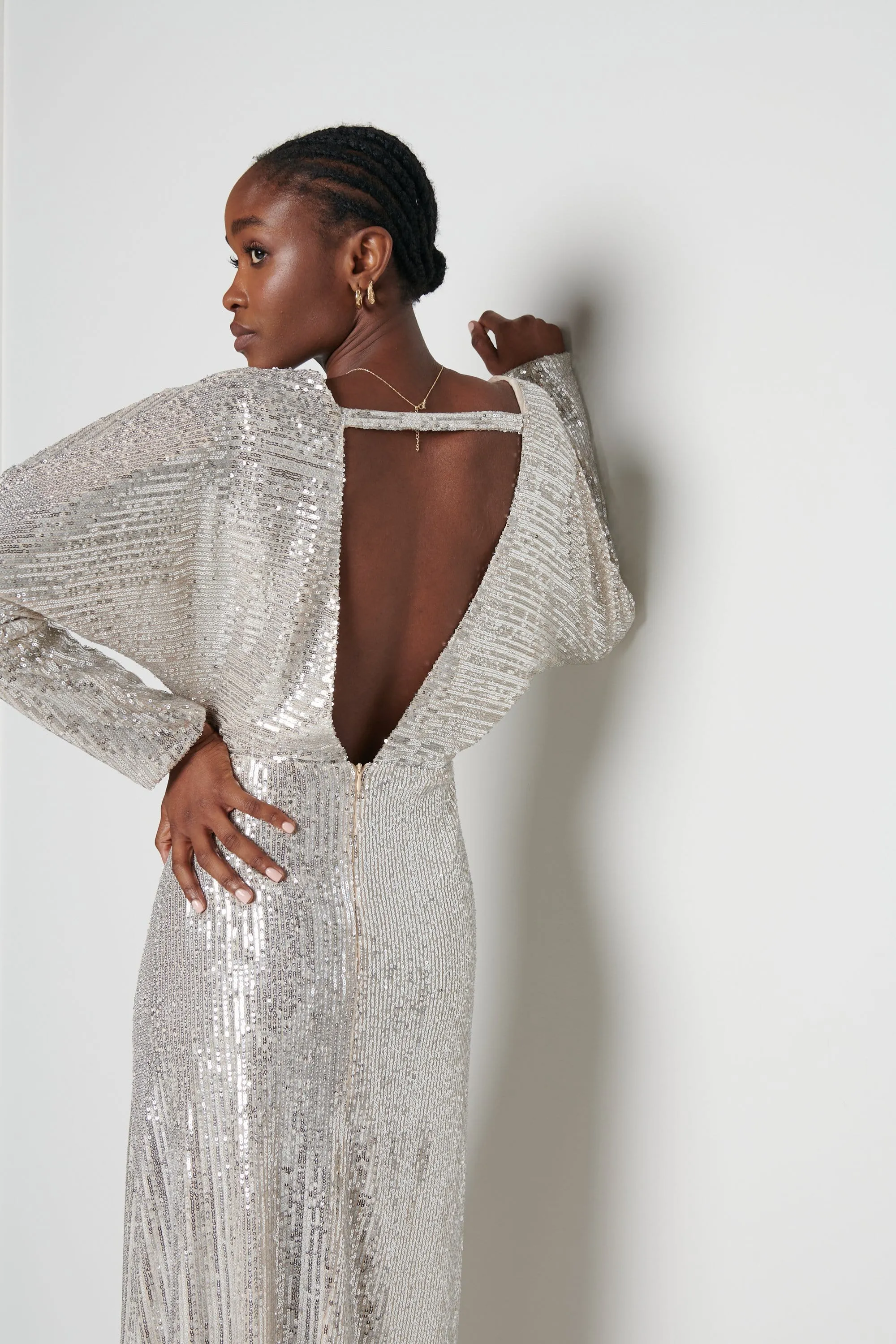 Irina V-Neck Sequin Midaxi Dress - Silver