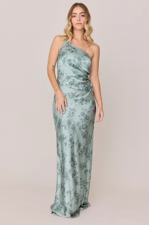 Jade Satin Floral Print Dress | Made To Order