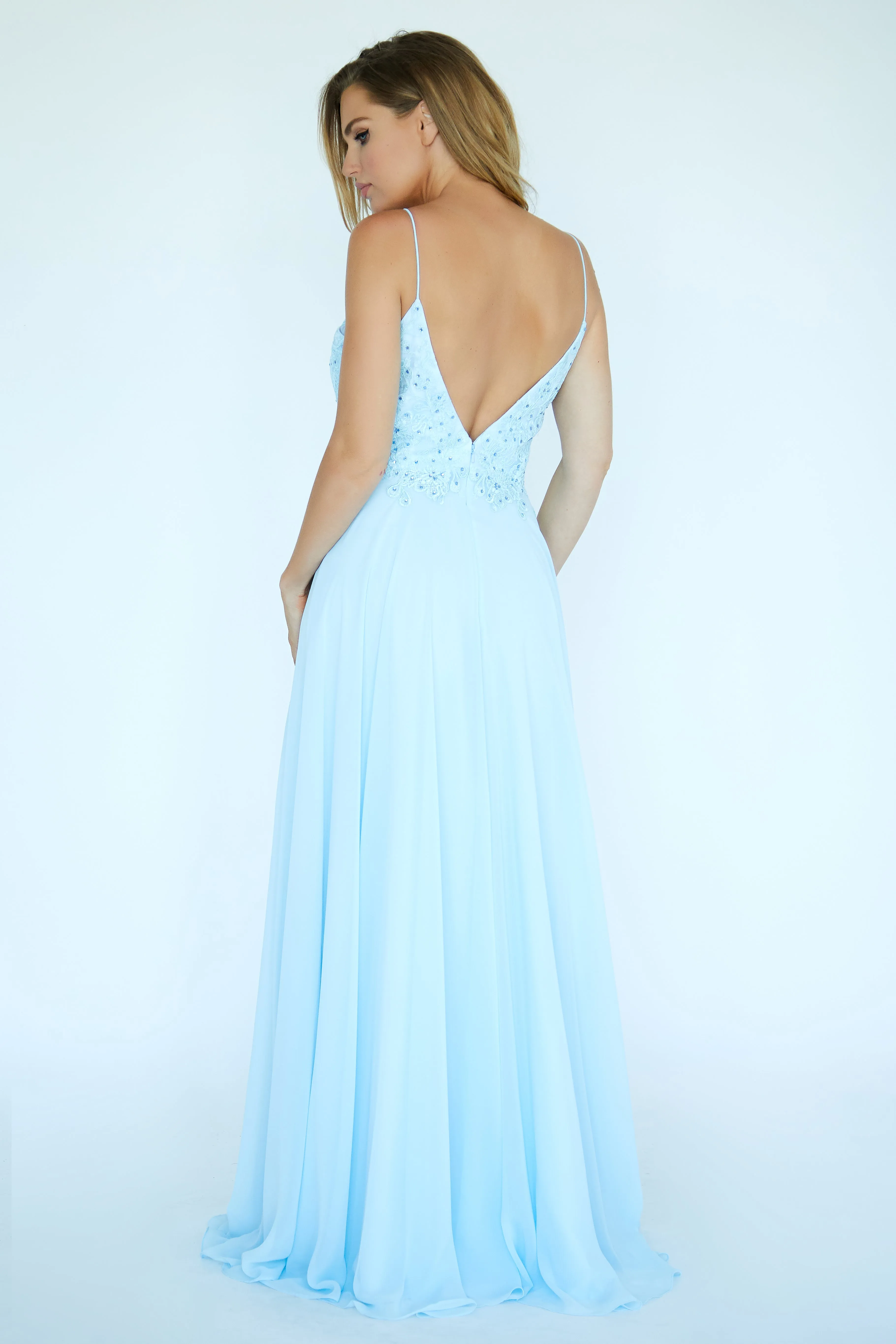 Jolene E20001 Size 6 White Dress Long Chiffon V Neck Floral Applique Prom Dress Formal Gown Flowing