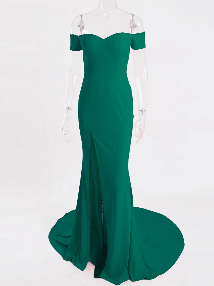 JuliaFashion - 2024 Slash Neck High Slit Wedding Prom Party Dress