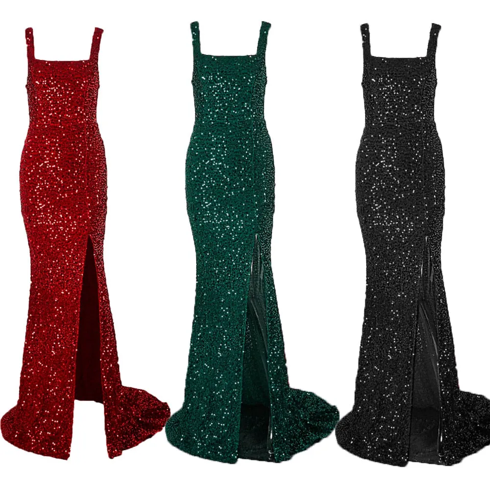 JuliaFashion - 2024 Sparkle Red Slit Leg Mermaid Long Cocktail Dress
