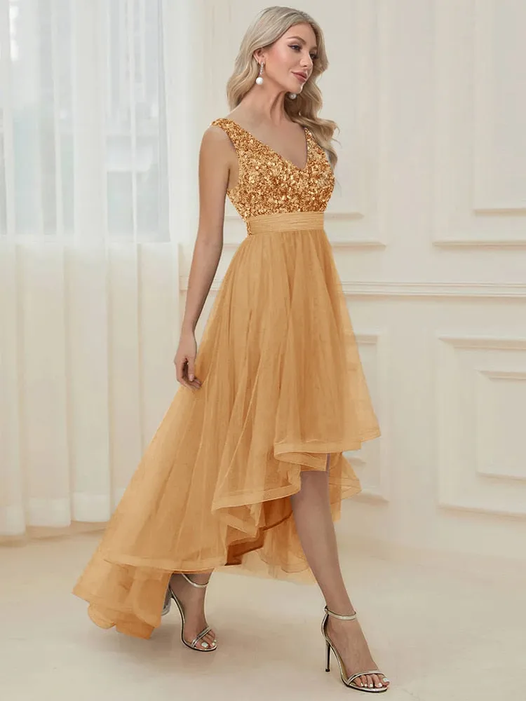 JuliaFashion - 2024 V-Neck Sleeveless Sequin Floor Length Dress