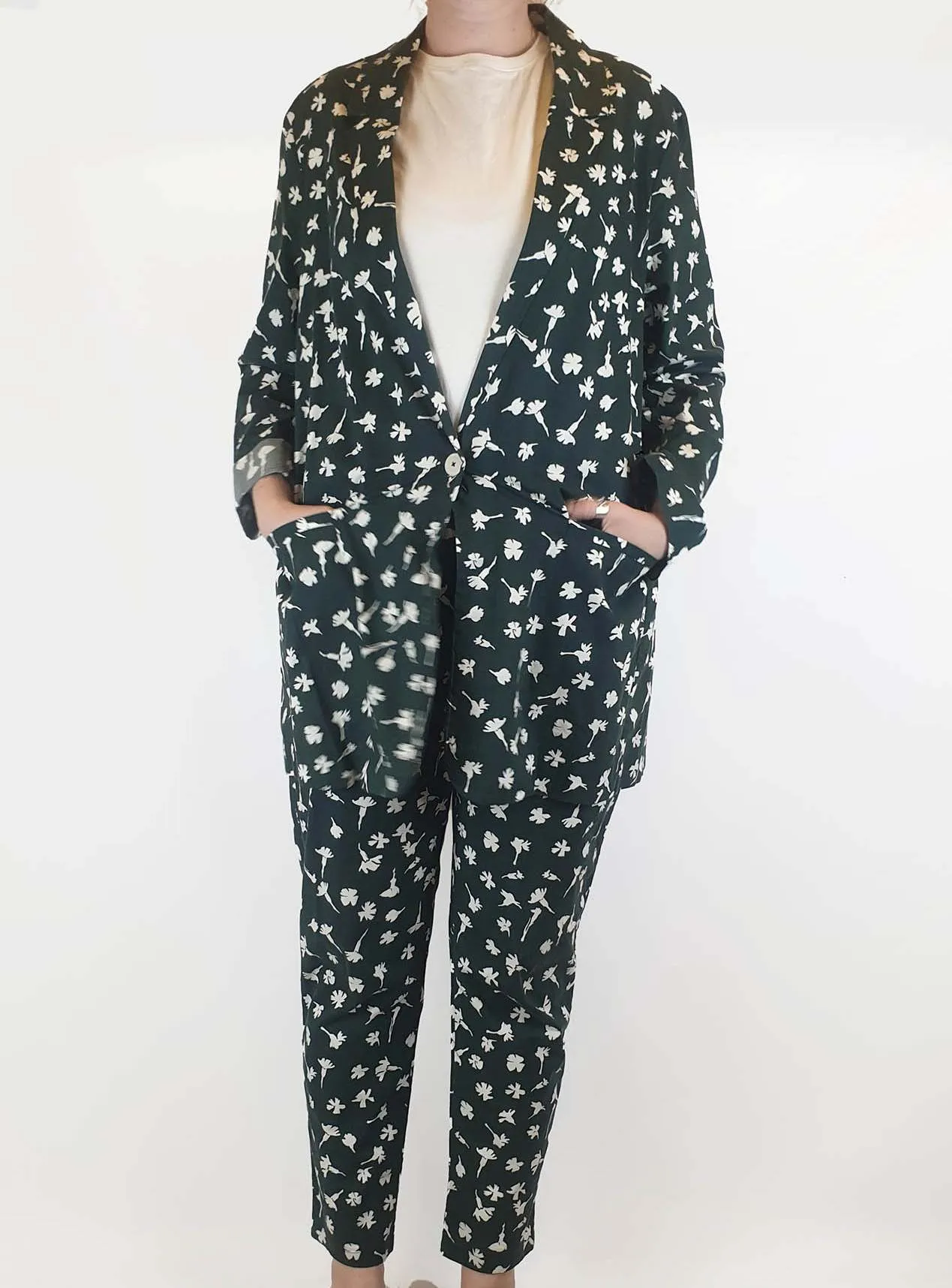 Kowtow green floral print cotton long blazer / jacket size M