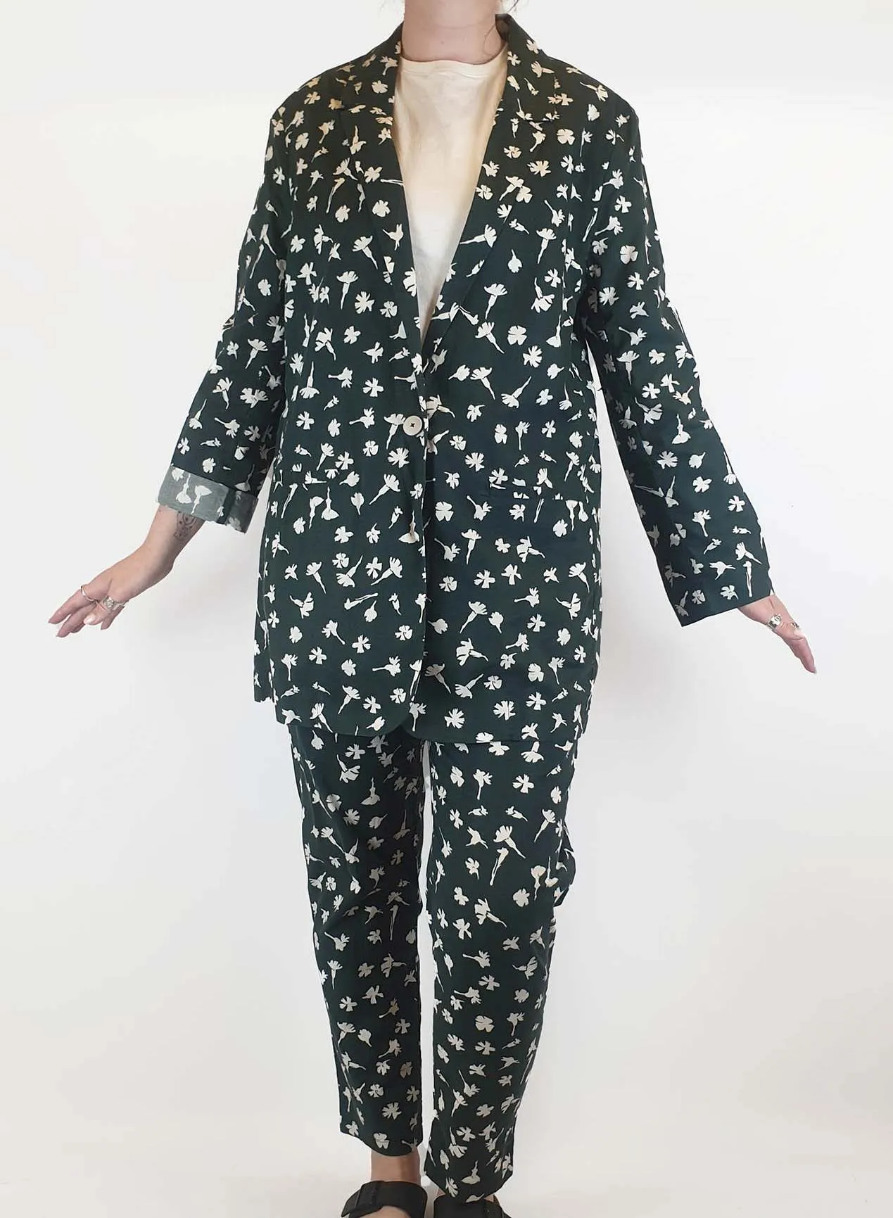 Kowtow green floral print cotton long blazer / jacket size M