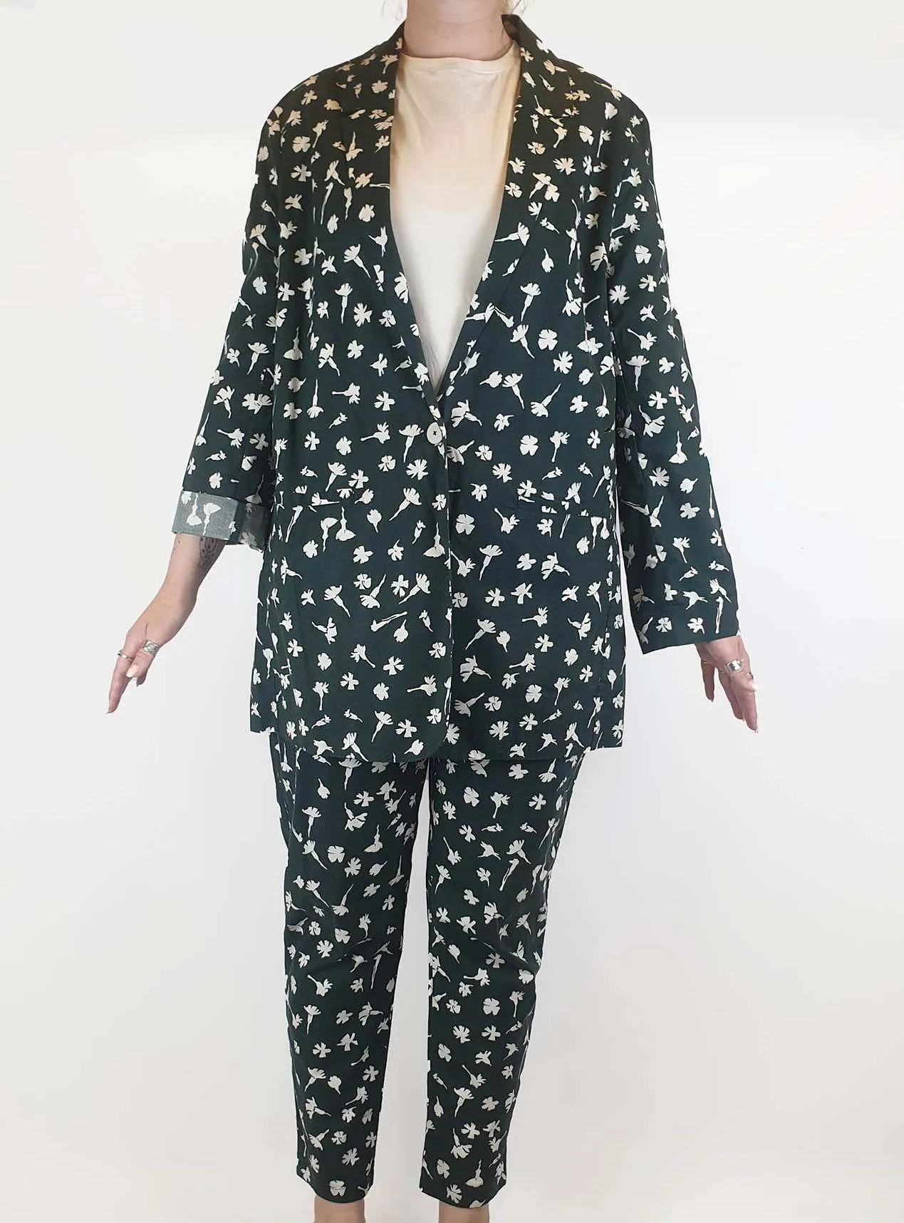 Kowtow green floral print cotton long blazer / jacket size M