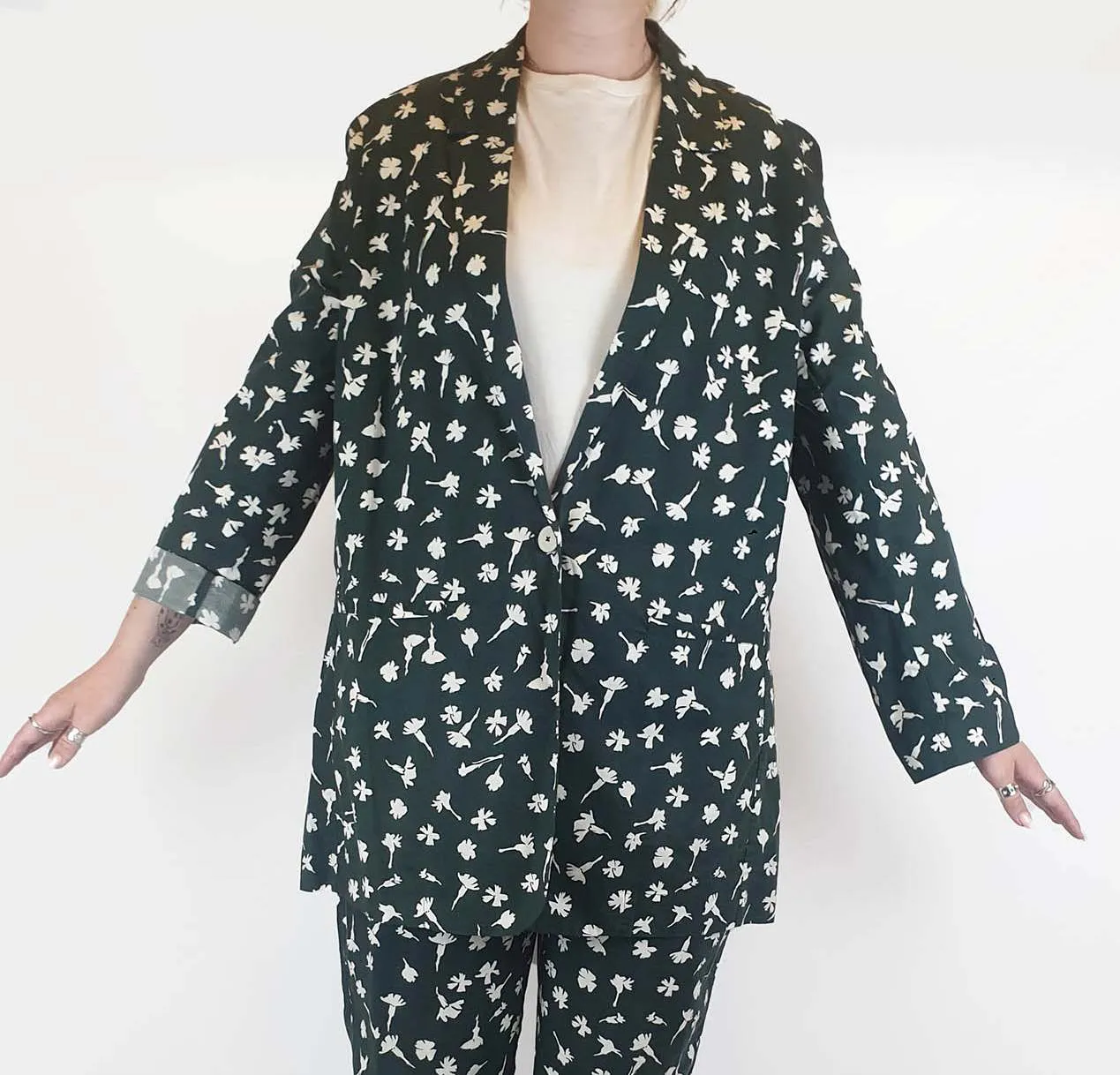 Kowtow green floral print cotton long blazer / jacket size M