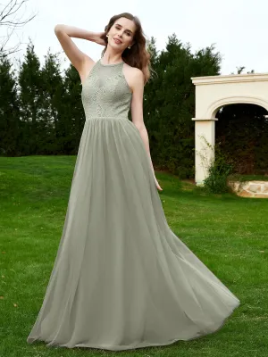 Lace Tulle Bridesmaid Gown Halter Neckline Silver
