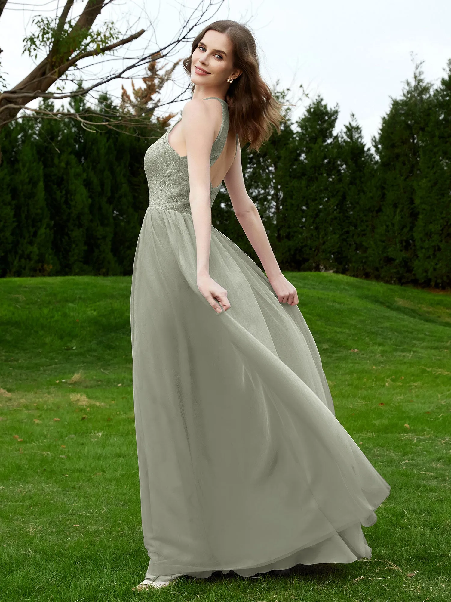 Lace Tulle Bridesmaid Gown Halter Neckline Silver