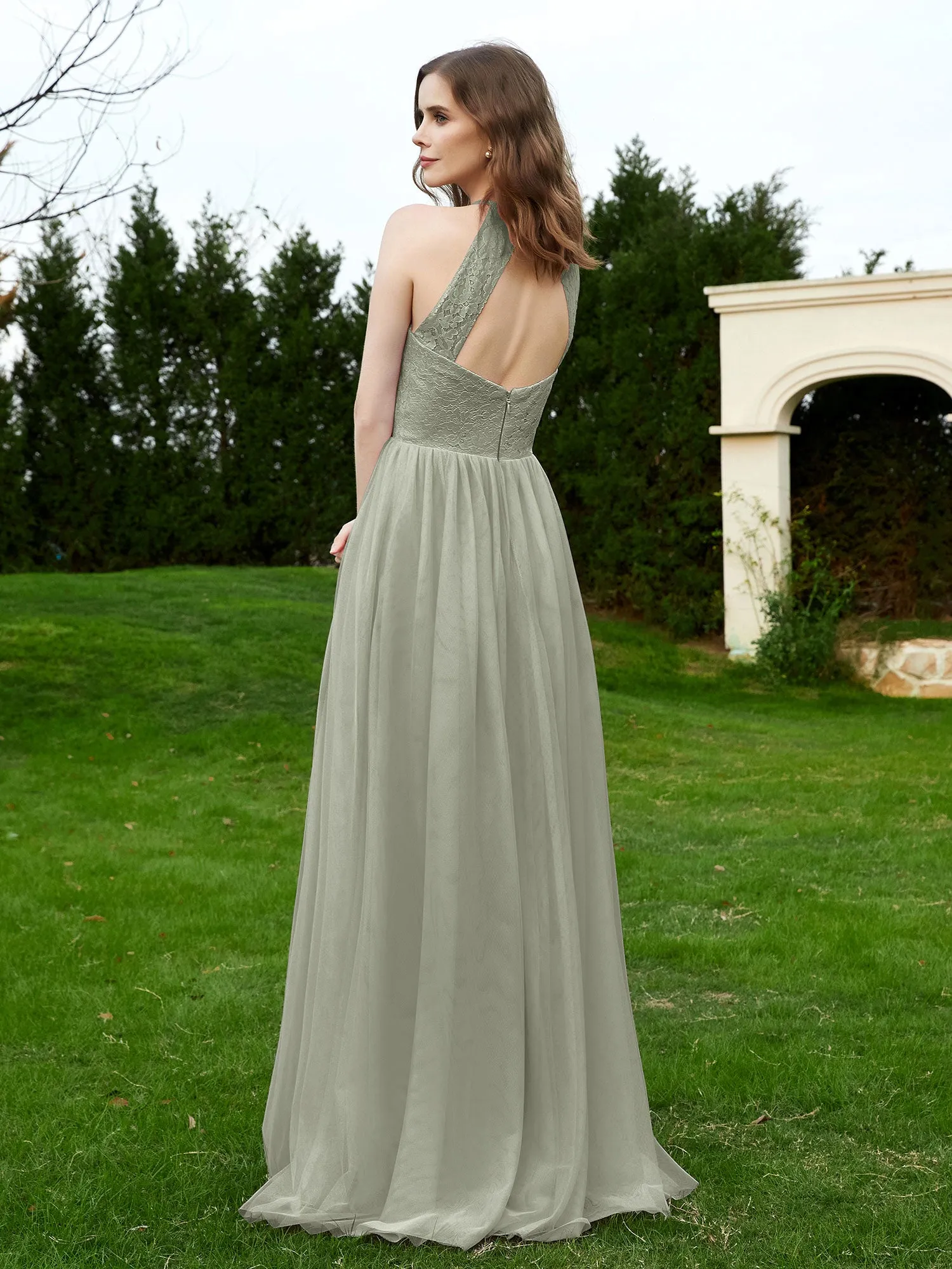 Lace Tulle Bridesmaid Gown Halter Neckline Silver