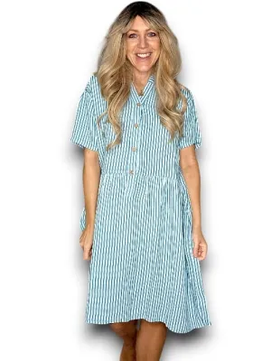LINEN MIDI DRESS COCONUT BUTTON STRIPE LIGHT TURQUOISE