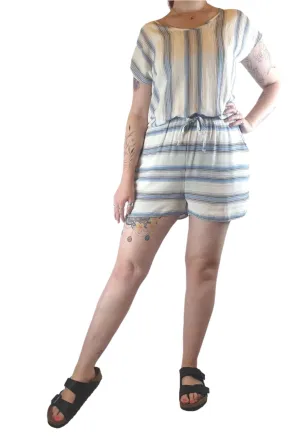 Little Lies white playsuit with virtical blue, grey and black stripes size 14 (best fits 12)