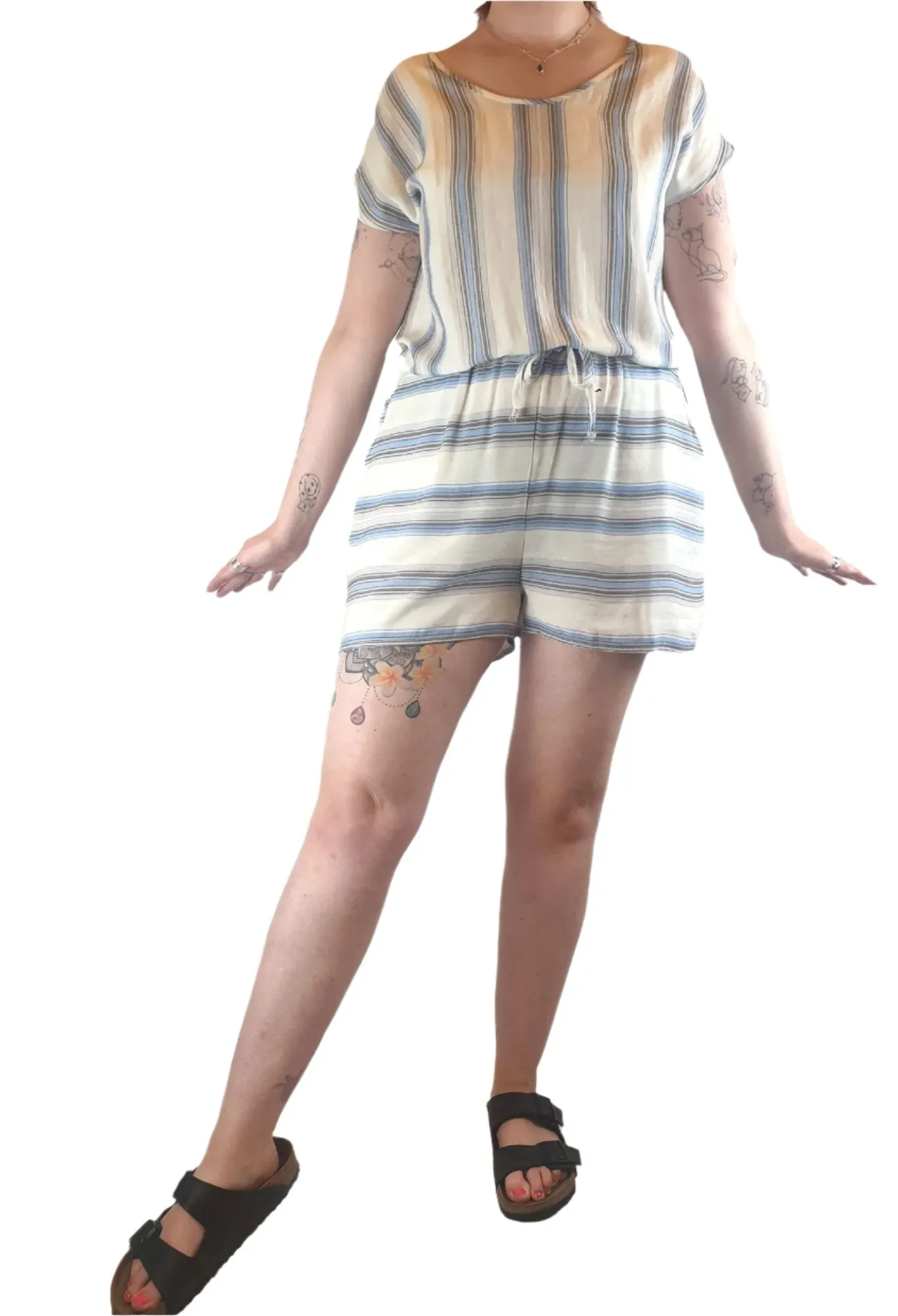 Little Lies white playsuit with virtical blue, grey and black stripes size 14 (best fits 12)