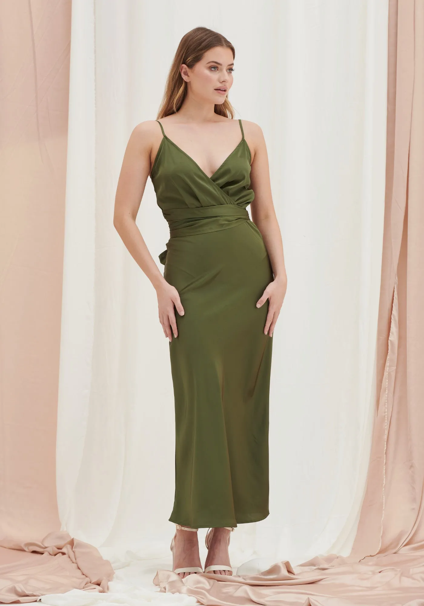 Louisa Tie Waist Cami Wrap Maxi Dress -Dark Olive